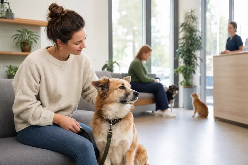 Ein Isländischer Schäferhund sitzt ruhig neben seinem Besitzer im hellen Wartezimmer einer modernen Tierarztpraxis.